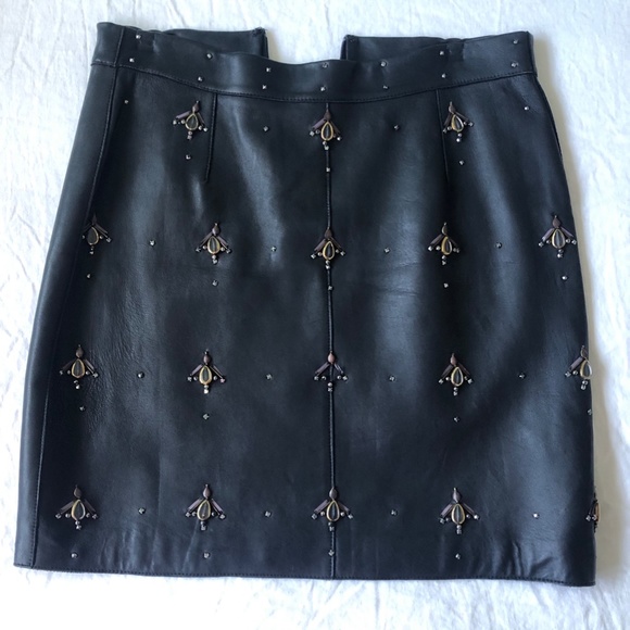 REISS "Tess" Black Leather Mini Skirt Embellished Sz US12 - Picture 5 of 10